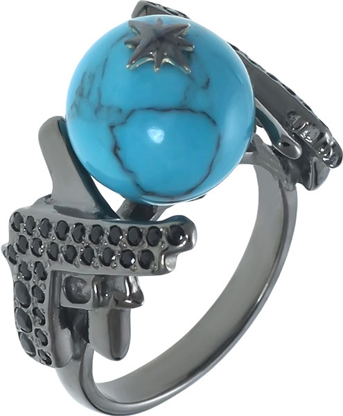 Серебряное кольцо ''Пистолеты'' aka.Hooliganka 1008.32_aka с бирюзой, фианитами