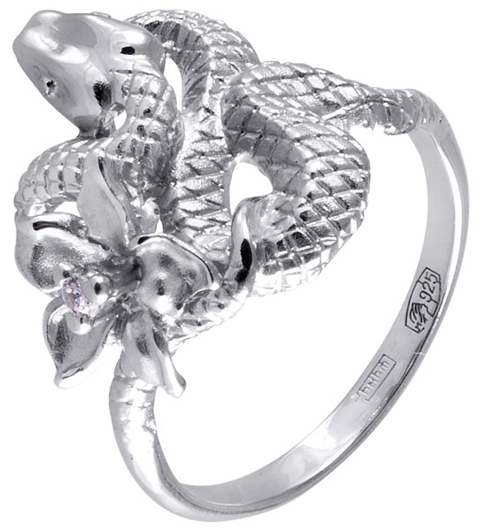 Серебряное кольцо ''Змея'' Альдзена K-25053 с фианитом Swarovski
