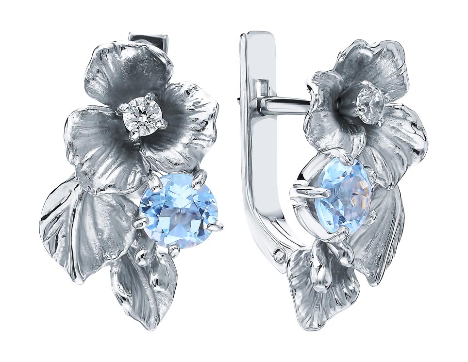 Серебряные серьги ''Цветы'' Альдзена S-15312 с топазами, фианитами Swarovski