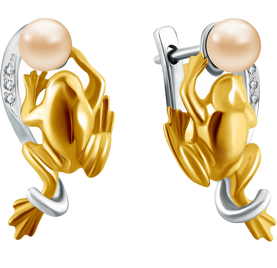 Серебряные серьги ''Лягушки'' Альдзена S-25031 с жемчугом, фианитами Swarovski