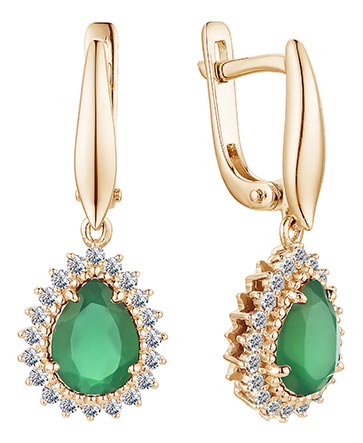 Золотые серьги капельки Алькор 23154-131 с агатами, бриллиантами