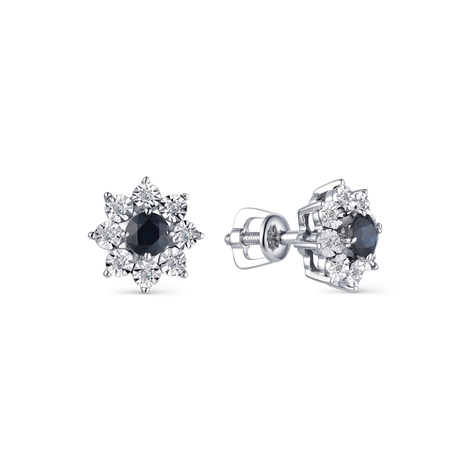 Серьги пусеты-гвоздики из белого золота Алькор 23290-202 с сапфирами, бриллиантами