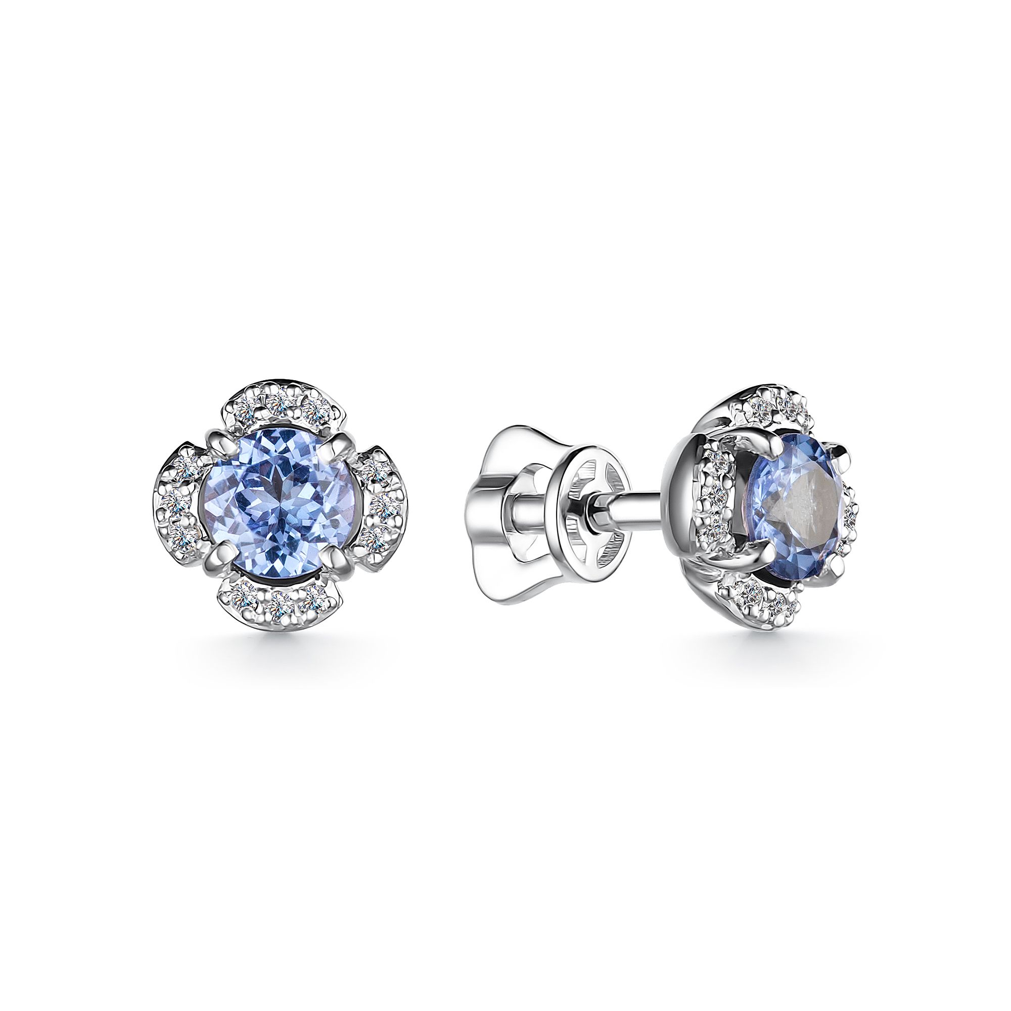 Серьги пусеты-гвоздики из белого золота Алькор 24992-204 с танзанитами, бриллиантами