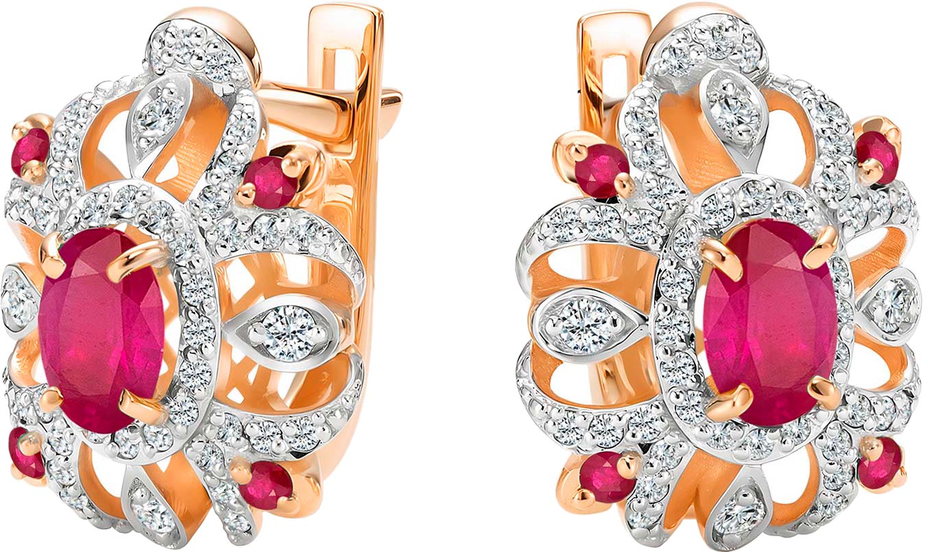 Золотые серьги Алькор 27204-103 c бриллиантом, рубином