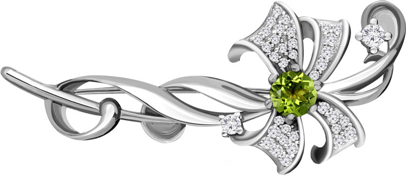 Серебряная брошь Aquamarine 7150807A-S-a с хризолитом, фианитами