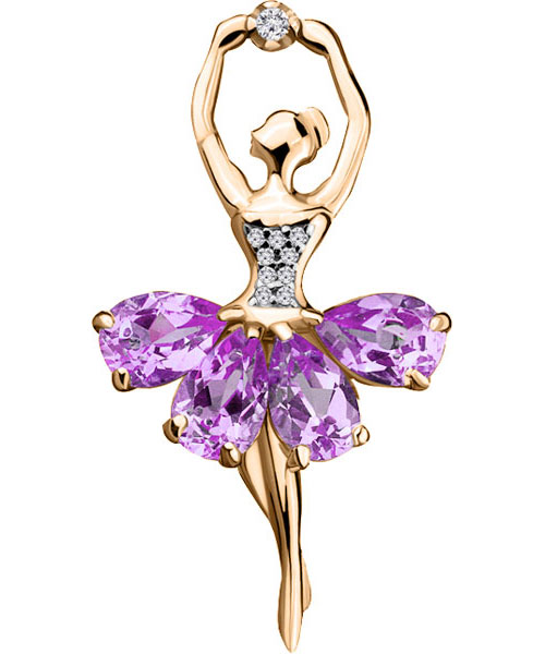 Серебряная брошь ''Балерина'' Aquamarine 7263304A-S-g-a с аметистами, фианитами