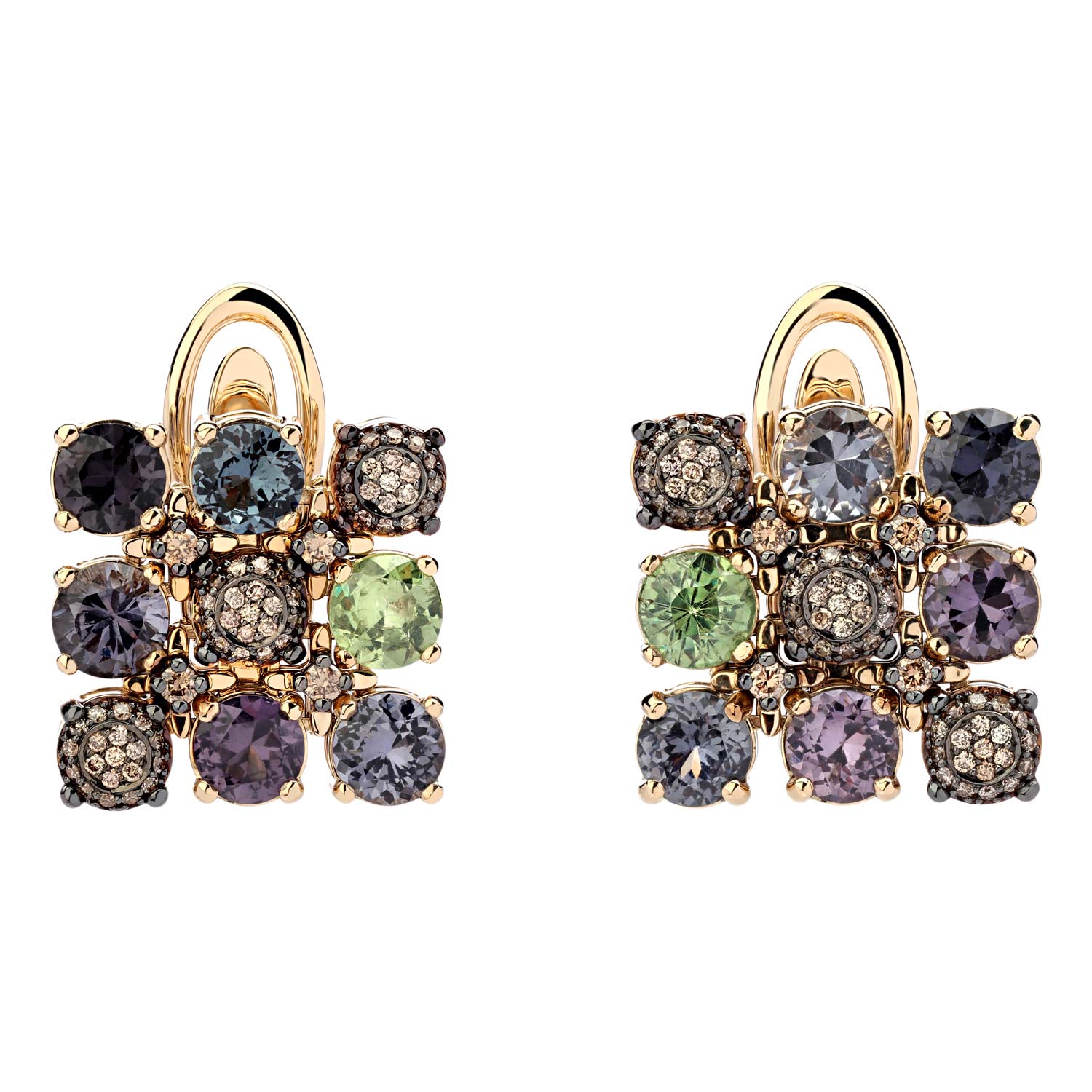 Золотые серьги Art I Fact Jewellery 0202.0200-earrings-brilliant-shpinel-demantoid с гранатами, шпинелью, коньячными бриллиантами