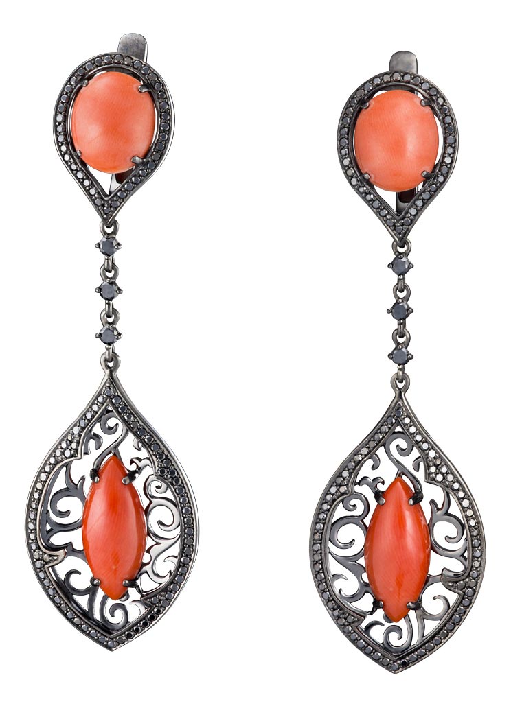 Длинные серьги из черного золота Art I Fact Jewellery 0203.0023-earrings-korall-shpinel с кораллами, шпинелью