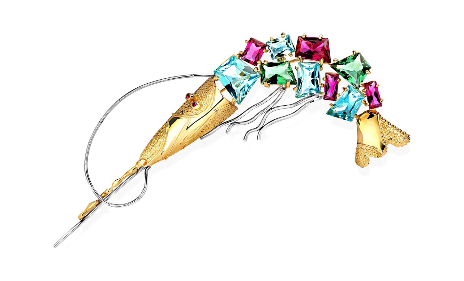 Золотая брошь ''Креветка'' Art I Fact Jewellery 1002.0133-brooches-sapfir-nano-sitall с розовыми сапфирами, наноситаллами