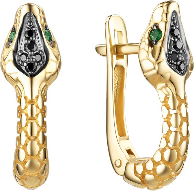 Золотые серьги ''Змея'' Bellissima Tentazione S/945-303/5 с изумрудами, черными бриллиантами