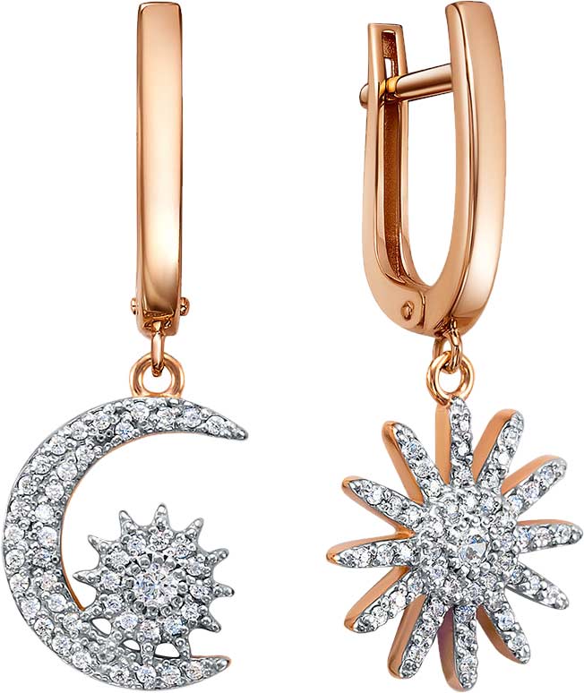 Золотые серьги с подвесками ''Солнце и луна'' BERGER 120359 с фианитами