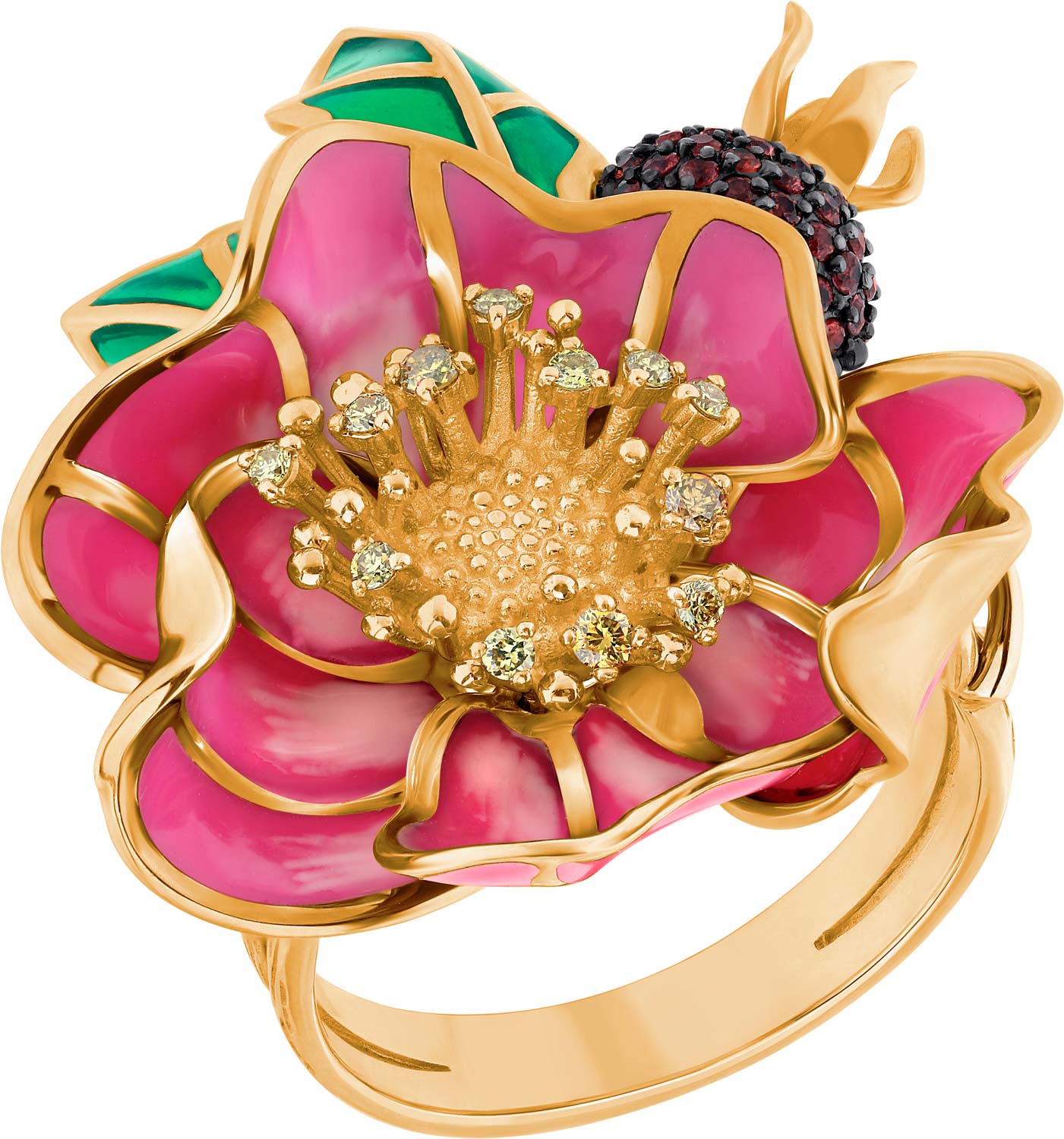 Золотое кольцо ''Цветок граната'' БРИЛЛИАНТЫ КОСТРОМЫ 01-2830. с эмалью, оранжевыми сапфирами, желтыми бриллиантами