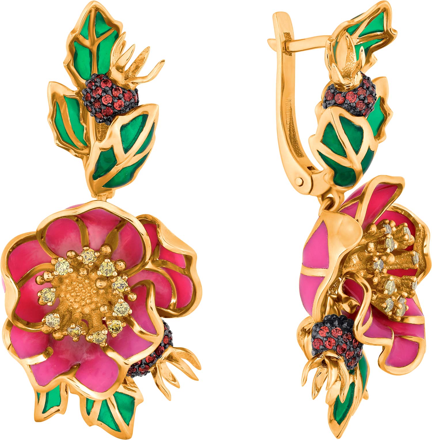Золотые серьги ''Цветок граната'' БРИЛЛИАНТЫ КОСТРОМЫ 02-2830. с эмалью, оранжевыми сапфирами, желтыми бриллиантами