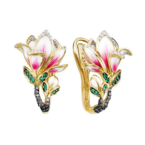 Золотые серьги БРИЛЛИАНТЫ КОСТРОМЫ 02-3044/1 c эмалью, бриллиантом, изумрудом