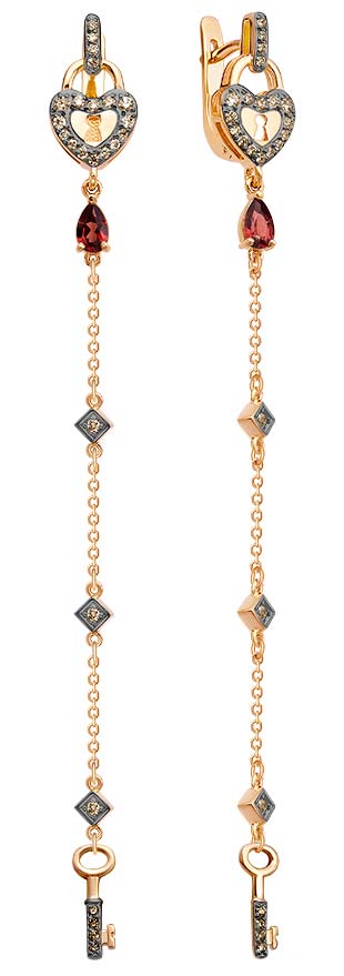 Золотые серьги БРИЛЛИАНТЫ КОСТРОМЫ 02-4010. c гранатом, бриллиантом