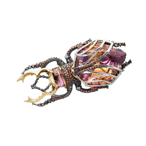 Золотая брошь БРИЛЛИАНТЫ КОСТРОМЫ 05-0037 c аметистом, бриллиантом, черным бриллиантом