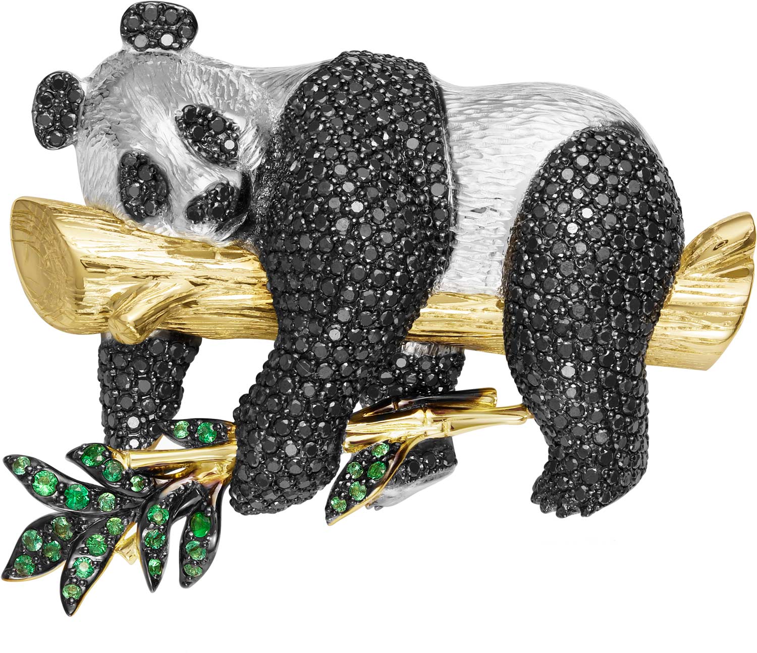 Золотая брошь ''Панда'' БРИЛЛИАНТЫ КОСТРОМЫ 05-0042 с изумрудами, черными бриллиантами