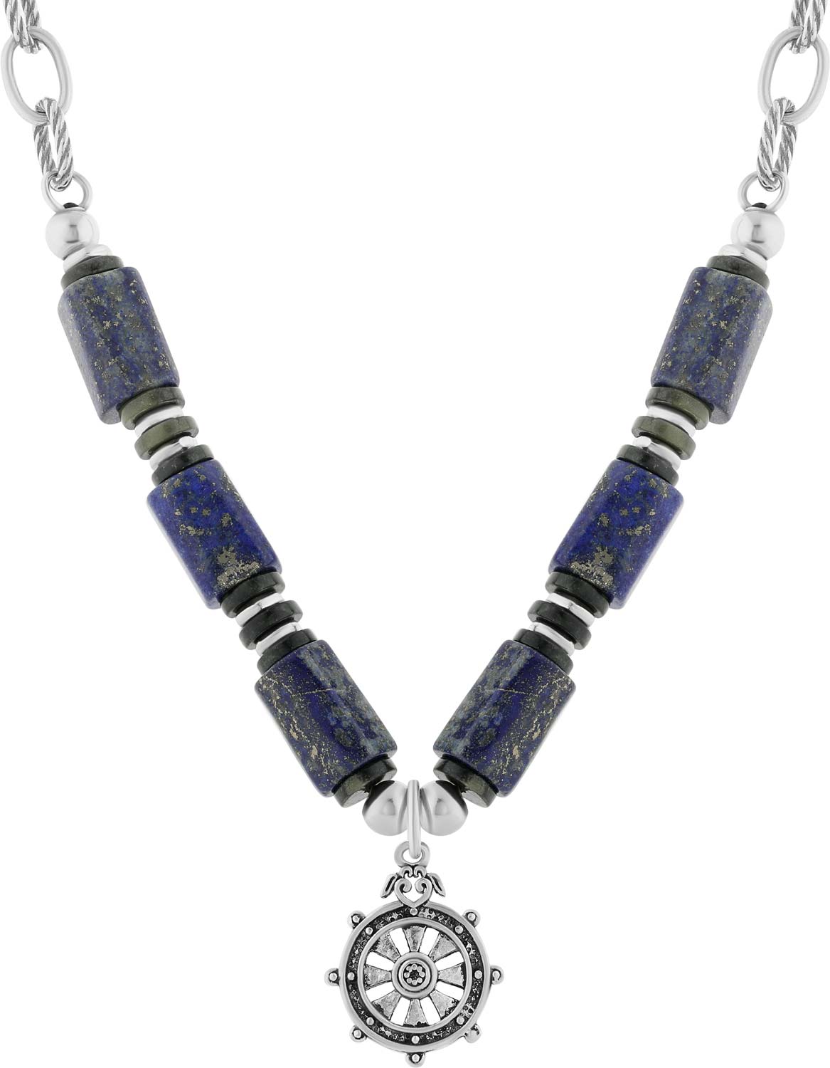 Мужская серебряная подвеска на цепочке ''Штурвал'' Carpe Diem S030802N-1 с лазуритом, яшмой