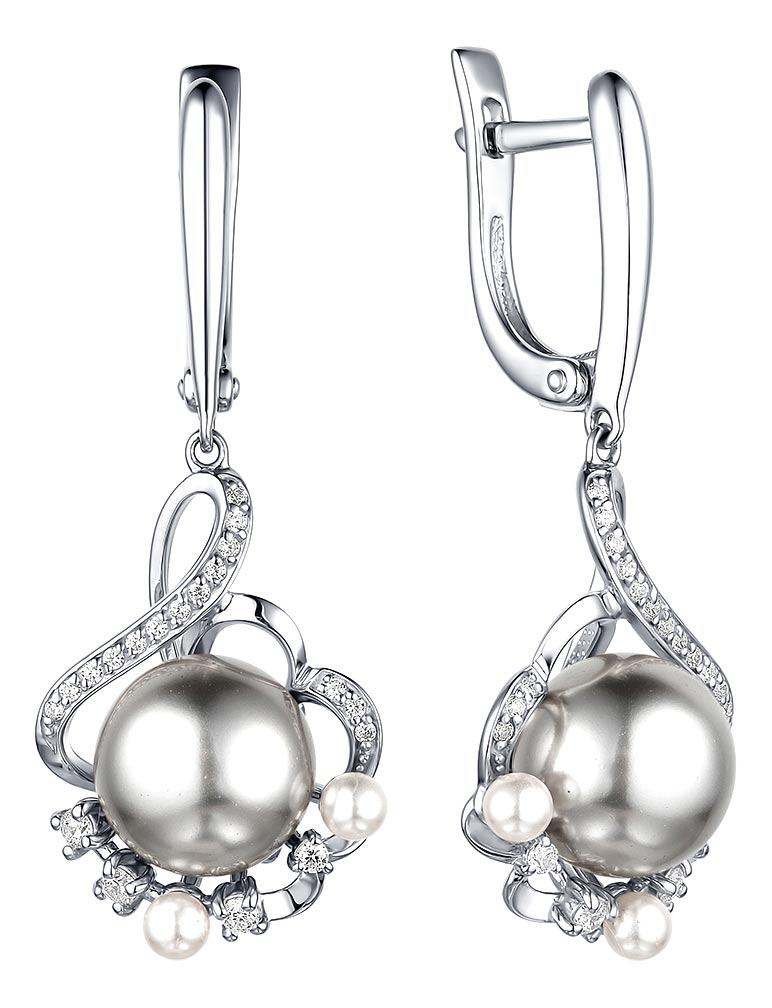 Серебряные серьги с подвесками ДАР S-3677RK8060400 с жемчугом Swarovski, фианитами