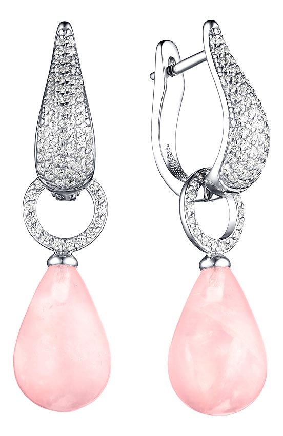 Серебряные серьги капельки ДАР S-3850RG42100 с розовым кварцем, фианитами