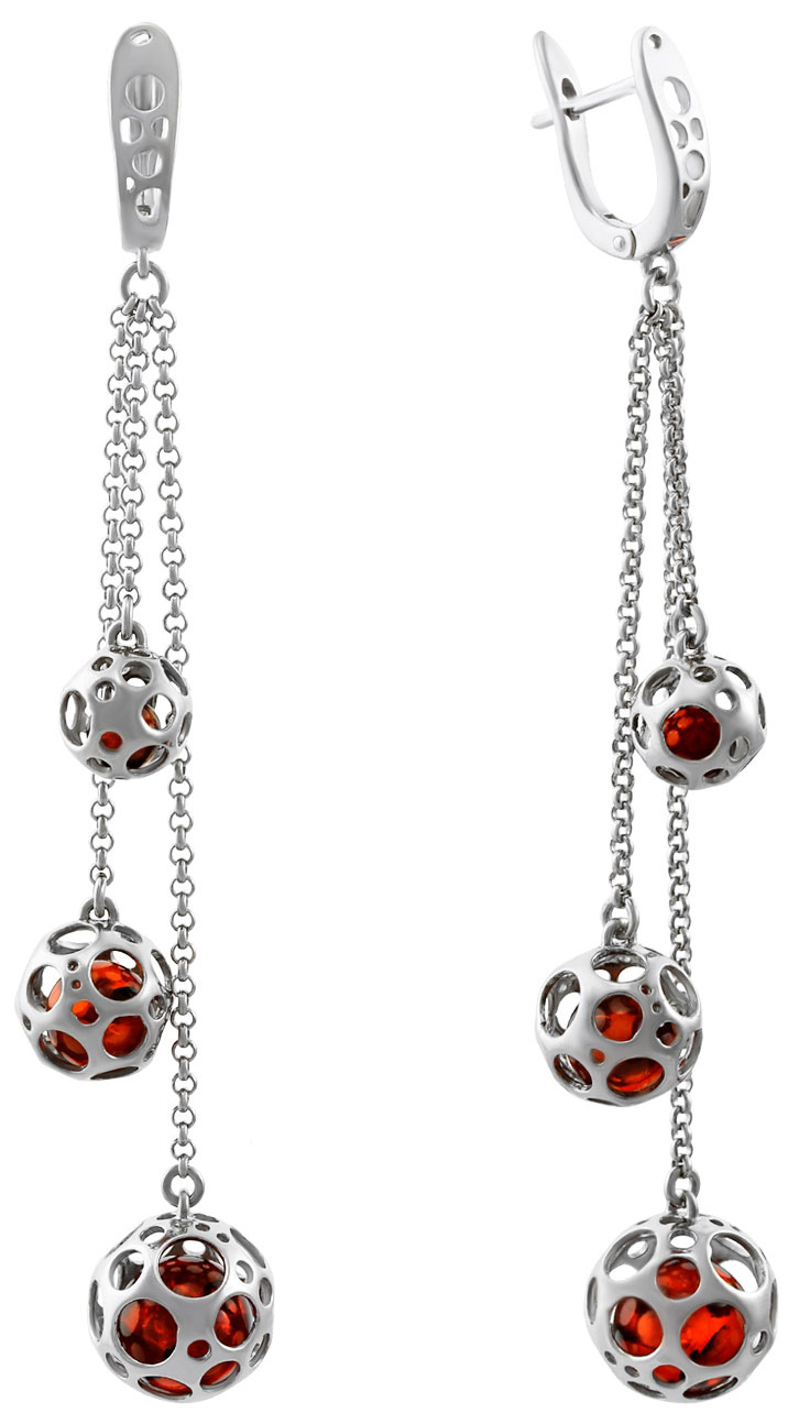 Серебряные длинные серьги шарики Darvin 429041435AC с янтарем