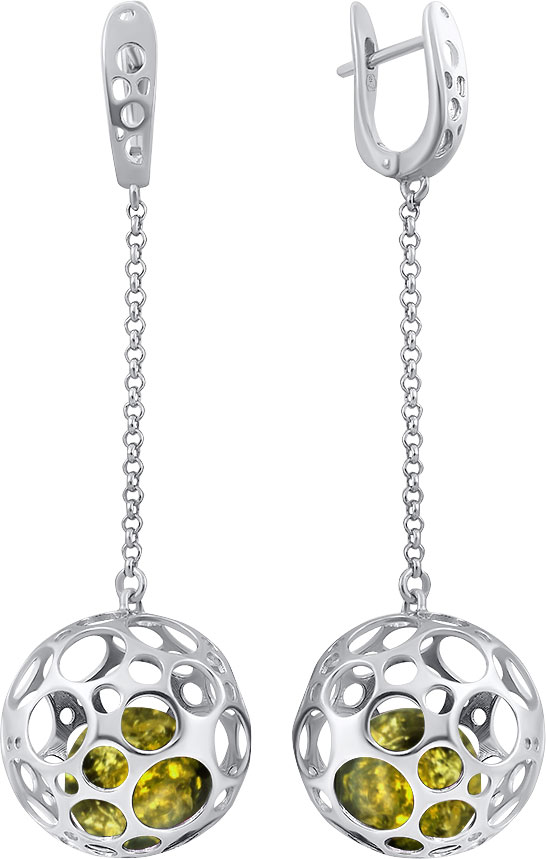 Серебряные длинные серьги шарики Darvin 429391440GS с янтарем
