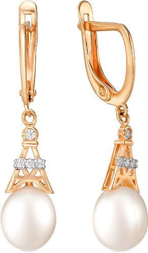 Золотые серьги с подвесками De Fleur 22085A1 с жемчугом, фианитами