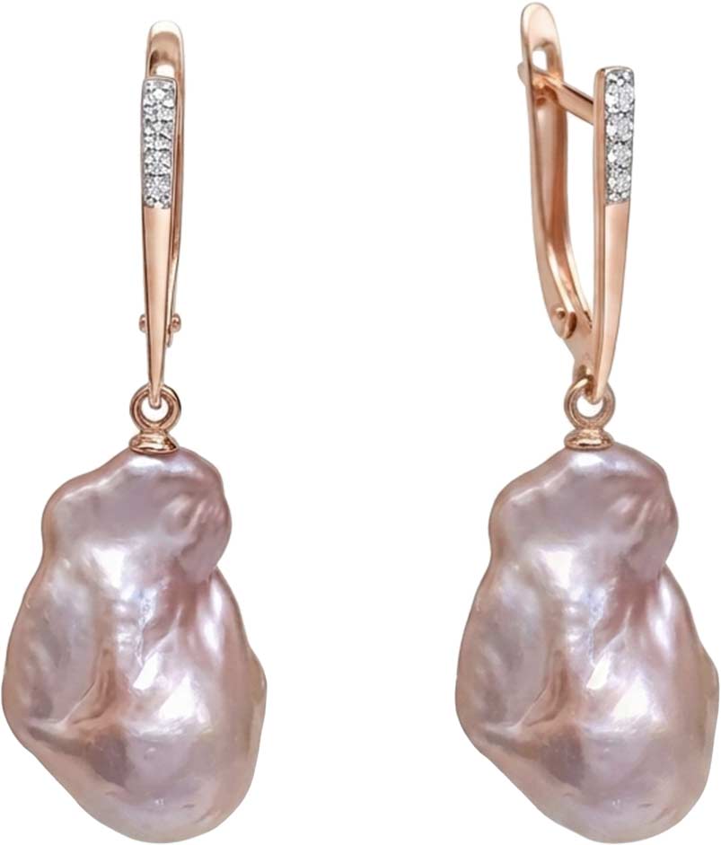 Золотые серьги с подвесками De Fleur 22879A8 с розовым барочным жемчугом, фианитами