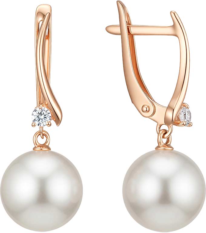 Золотые серьги с подвесками De Fleur 22883A1 с жемчугом, фианитами