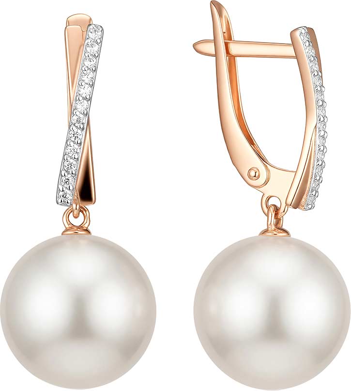 Золотые серьги с подвесками De Fleur 22884A1 с жемчугом, фианитами