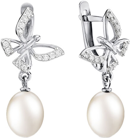 Серебряные серьги с подвесками De Fleur 28095S1 с жемчугом, фианитами