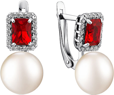 Серебряные серьги шарики De Fleur 28181RS1 с жемчугом, фианитами, нанорубинами