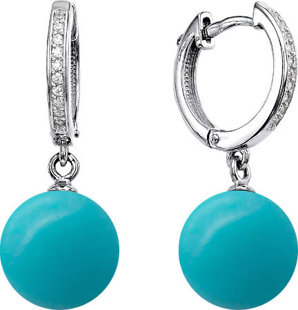Серебряные серьги шарики De Fleur 28293S5 с бирюзой, фианитами