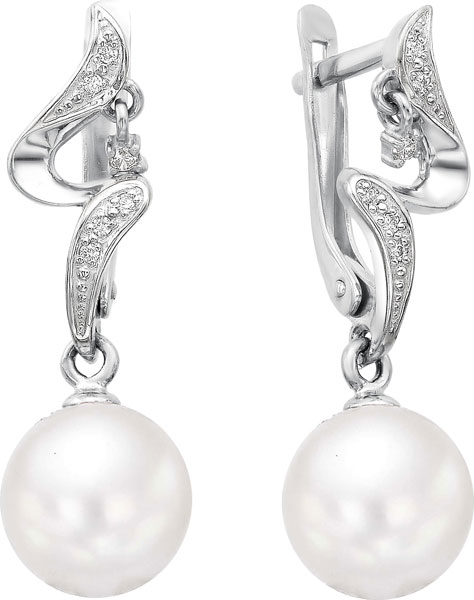 Серебряные серьги с подвесками De Fleur 28401S1 с жемчугом, фианитами