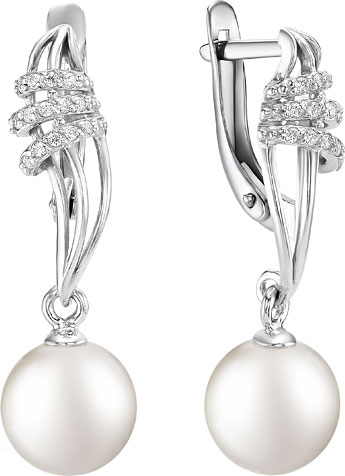 Серебряные серьги шарики De Fleur 28412S1 с жемчугом, фианитами