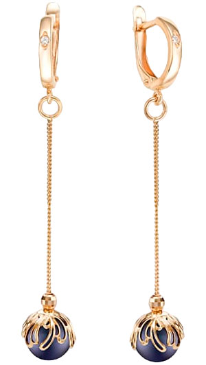 Золотые длинные серьги шарики De Fleur 32904.1A2 с жемчугом, фианитами