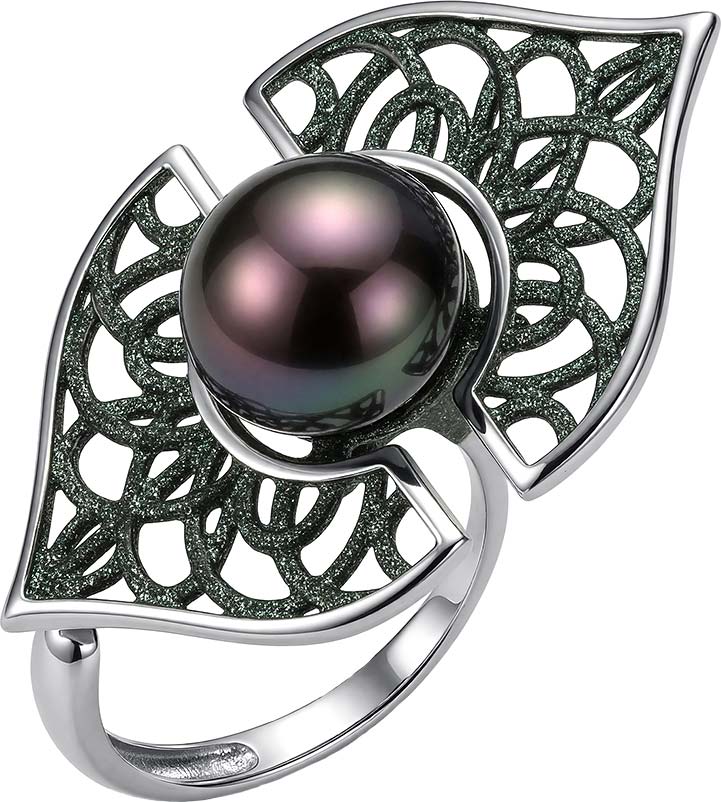Женский серебряный перстень De Fleur 51998S2Z с эмалью, черным жемчугом