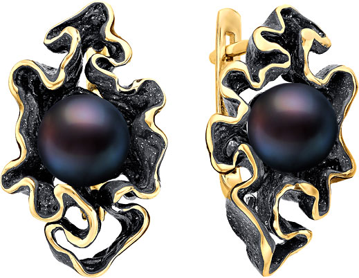Серебряные серьги De Fleur 52238Y2B с эмалью, черным жемчугом