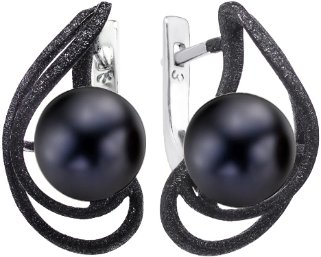 Серебряные серьги De Fleur 52368S2B с эмалью, черным жемчугом