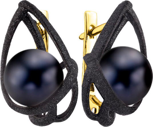 Серебряные серьги De Fleur 52371Y2B с черным жемчугом, эмалью