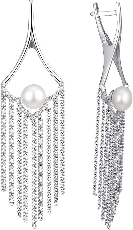 Серебряные серьги люстры шандельеры De Fleur 52598S1 с жемчугом, фианитами