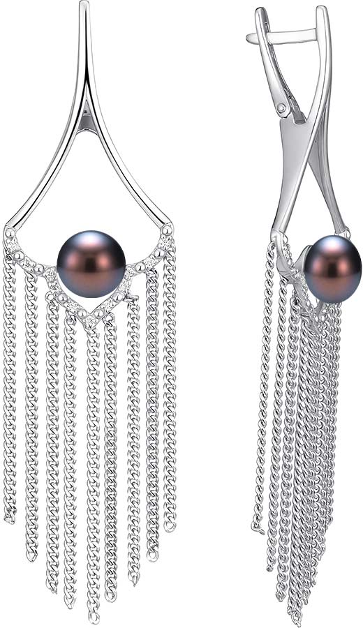Серебряные серьги люстры шандельеры De Fleur 52598S2 с черным жемчугом, фианитами