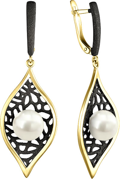Серебряные серьги с подвесками De Fleur 52842Y1B с эмалью, жемчугом