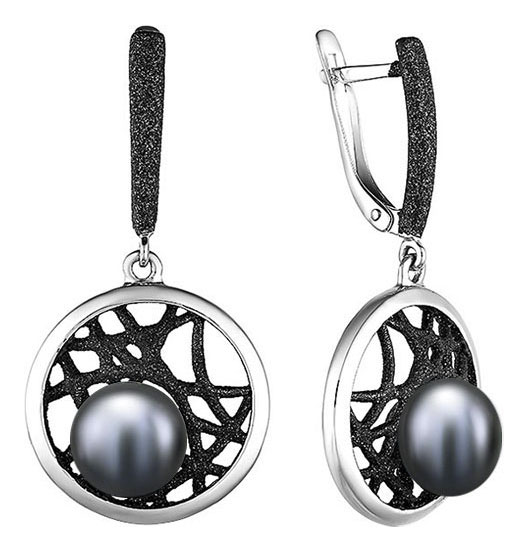 Серебряные серьги круглые с подвесками De Fleur 52845S2B с эмалью, жемчугом