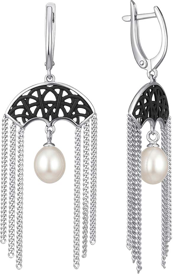 Серебряные серьги люстры шандельеры De Fleur 52991S1B с эмалью, жемчугом