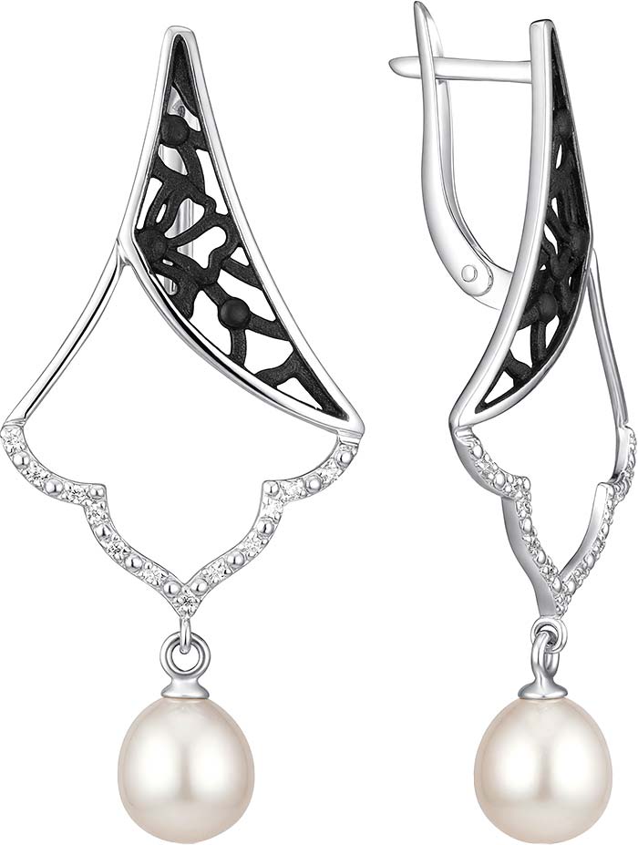 Серебряные серьги с подвесками De Fleur 52993S1B с эмалью, жемчугом, фианитами