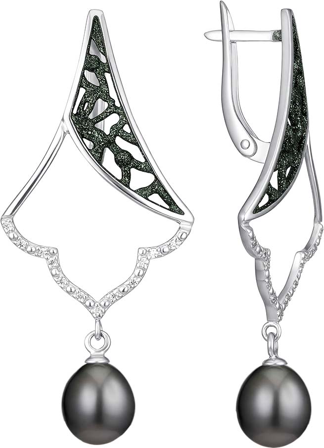 Серебряные серьги с подвесками De Fleur 52993S2Z с эмалью, черным жемчугом, фианитами