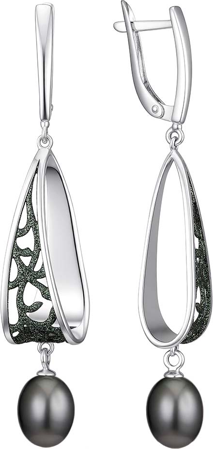 Серебряные серьги с подвесками De Fleur 52995S2Z с эмалью, черным жемчугом