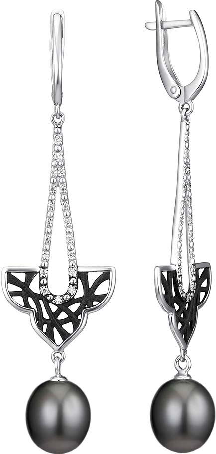 Серебряные серьги с подвесками De Fleur 52996S2B с эмалью, черным жемчугом, фианитами