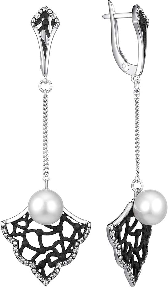 Серебряные серьги с подвесками De Fleur 52997S1B с эмалью, жемчугом, фианитами